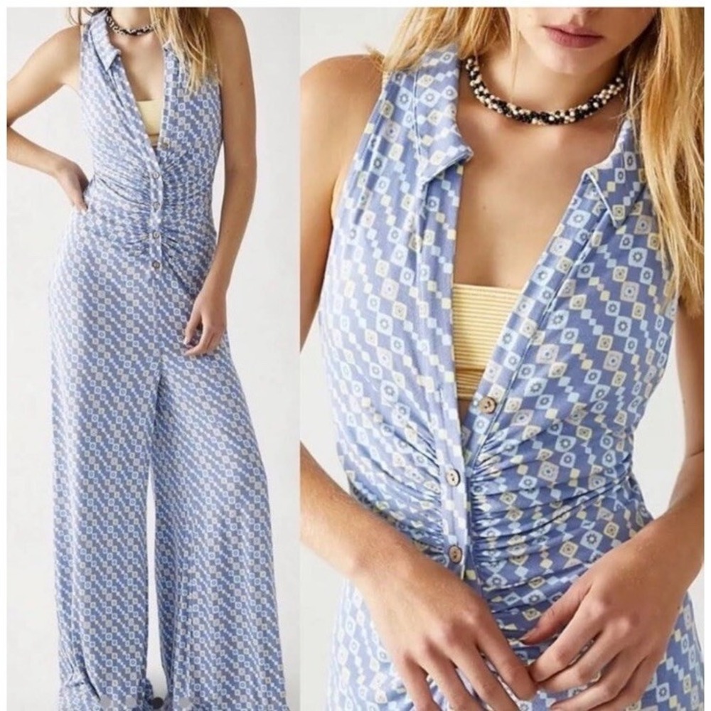 Free People Shayla Blue & Yellow Wide Leg Jumpsuit S